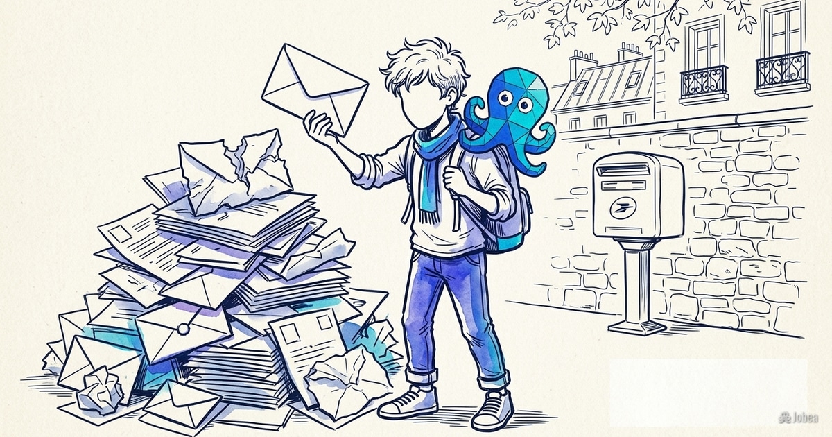 Un jeune, l'air déterminé, se tient devant une pile immense de lettres scellées et de CV. Il en soulève une, semblant peser son… — illustration Jobea