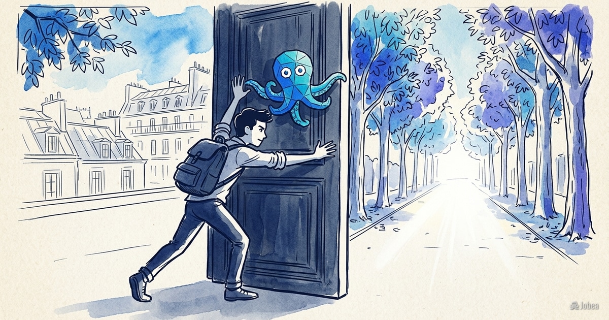 Un jeune, le regard déterminé, pousse avec le petit poulpe Jobea une porte massive qui s'ouvre sur un chemin lumineux bordé de… — illustration Jobea