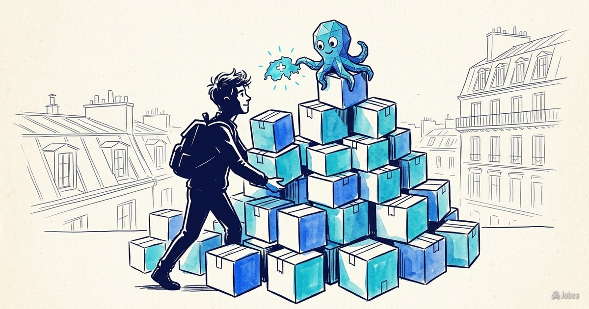 Un jeune, le regard déterminé, empile des cartons stylisés en forme de montagnes suisses, symbolisant les candidatures. Le petit… — illustration Jobea