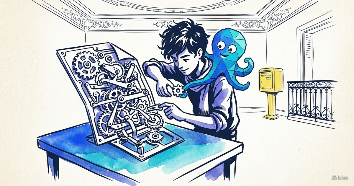 Un jeune développeur est en train de réassembler les pièces d'un mécanisme d'horlogerie complexe sur une table basse, comme si… — illustration Jobea